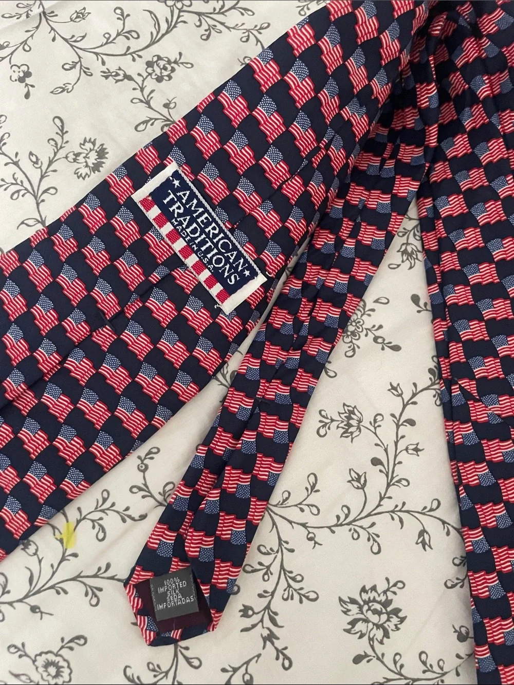 Men's Navy Blue Tie with Red Flag Pattern